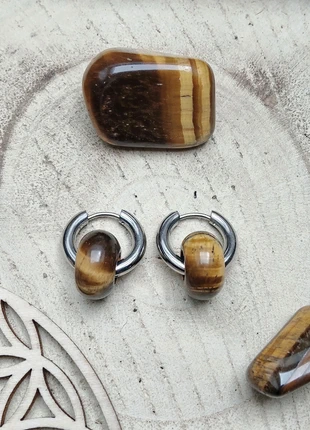 Boucles d'oreilles créoles en acier inoxydable et perles en œil de tigre, marca: Kashmir Bijoux, estado: Muy bueno, 15,00 €, 16,45 € Protección al comprador incluida