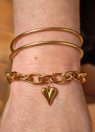 Bracelet doré à grosse maille ovale et pendentif cœur plein - Acier inoxydable, brand: Vintage Dressing, condition: Very good, €11.50, €12.78 includes Buyer Protection Pro