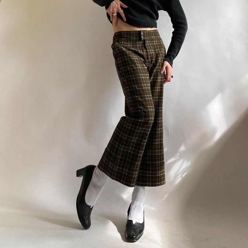 Vintažinės ( vintage brown/khaki checkered flared pants/trousers) languotos kelnės 1