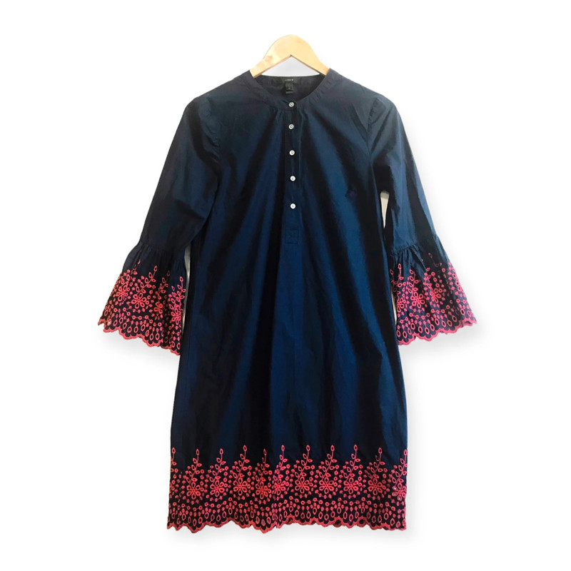 J. Crew Eyelet Bell Sleeve Navy Cotton Dress, Size XS, Embroideries 1