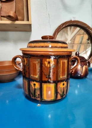 Marmite à confiture en grès vernissé avec motifs fleurs et carreaux marron/jaune/vert Digoin, brand: Digoin, condition: Very good, €28.00, €30.10 includes Buyer Protection