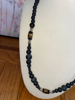 Handmade Matte Black Beaded Necklace with Tigers Eye Accents 3