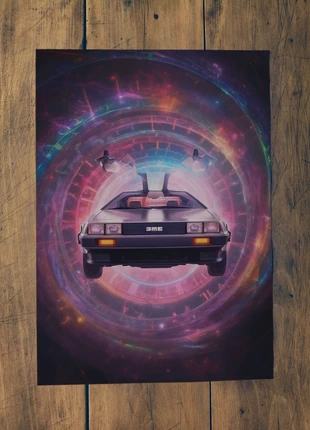074 - Affiche A3 – Voiture rétro futuriste – Vortex lumineux & ambiance sci-fi, staat: Als nieuw, € 8,99, € 10,14 inclusief Kopersbescherming Pro