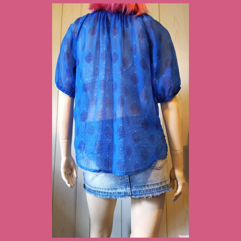 Retro Boho Sheer Sapphire Blue Chiffon Babydoll Peasant Top 5