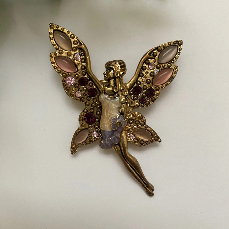 Vintage gold pink purple whimsical garden fairy pin 4
