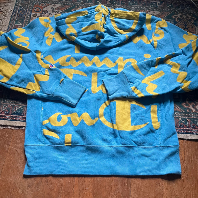 Champion Reverse Weave Hoodie in Blue/Yellow All Over Logo Print 4