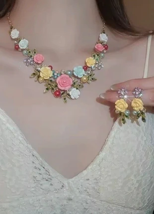 Floral rainbow flowers roses pearls shabby chic necklace earring set earrings, brand: S.hana Designs, condition: New with tags, £12.50, £13.83 includes Buyer Protection