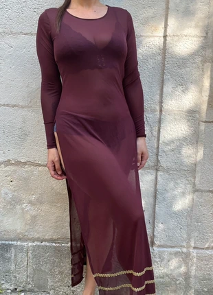 Robe longue transparente – manches longues, détail doré / sheer maxi dress burgundy long sleeves, marque: An'ge, état: Très bon état, taille: M / 38 / 10, 10,00 €, 11,20 € Protection acheteurs incluse