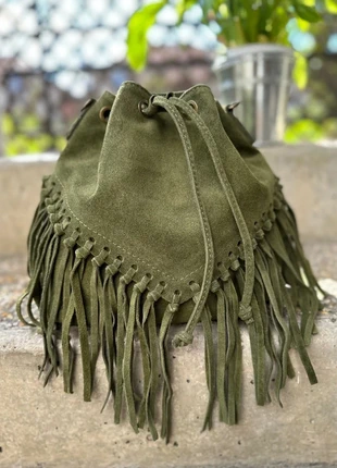 💚 Sac Seau Bohème & Chic en Cuir Suédé Kaki à Franges – Made in Italy 🇮🇹, brand: The Genuine Leather, condition: Very good, €44.99, €47.94 includes Buyer Protection Pro