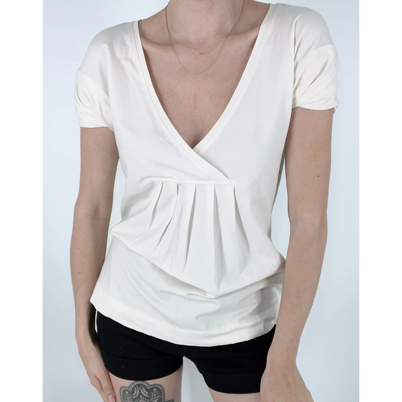 NWT Piazza Sempione Cream V-neckline Short Sleeve Blouse Size IT 44/10 1