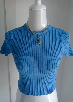 Haut crop top beau bleu côtelé manches courtes T.M Jennyfer, merk: Jennyfer, staat: Heel goed, maat: M / 38 / 10, € 7,50, € 8,58 inclusief Kopersbescherming Pro