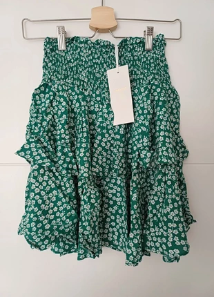 Mini saia com folhos, verde, motivo floral, marca: Boutique Parisienne, estado: Novo com etiquetas, tamanho: M / 38 / 10, €6.97, €8.02 inclui Proteção do Comprador