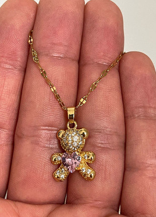 Teddy Bear Necklace with Pink Heart Gemstone – Never Worn, Non-Tarnish, brand: teddy, condition: New without tags, £9.99, £11.19 includes Buyer Protection