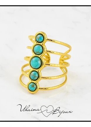 Bague dorée multi-anneaux & turquoises en acier inoxydable - Uhaina Bijoux, marke: Uhaina Bijoux, zustand: Neu, mit Etikett, größe: Größenverstellbar, 9,00 €, 10,15 € beinhaltet Vinted-Käuferschutz Pro