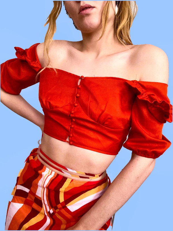 Vintage Cropped Corset Vermelho Off Shoulder Blouse With Long