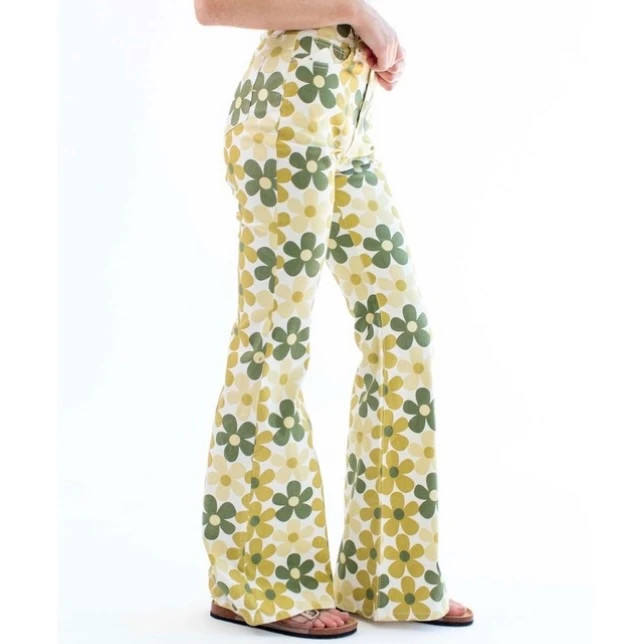 Machine Brand High Waisted Green Flower Boho Hippie Flared Pants 1