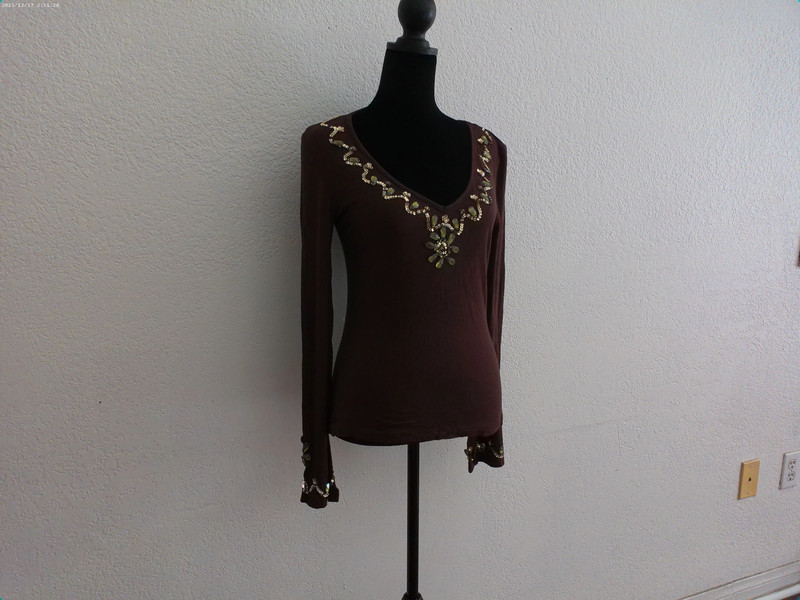 Brown V-neck Long Sleeve Blouse, with green rhinestone, 2