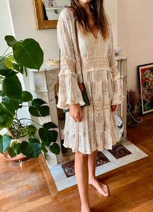Robe de jour crème boho chic - one size - imprimé fleuri dentelle - col en V à manches longues, brand: Swarna Greece, condizioni: Nuovo senza cartellino, taglia: Taglia unica, €8.50, €9.63 include la Protezione acquisti