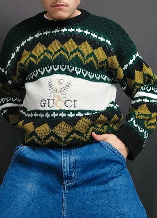 Pull Vintage 80s Boxy Fit en Maille Vert Foncé / Crème / Multicolores à Motifs Brodé (M/L), brand: Vintage Dressing, condition: Very good, size: XS, €23.00, €24.85 includes Buyer Protection Pro