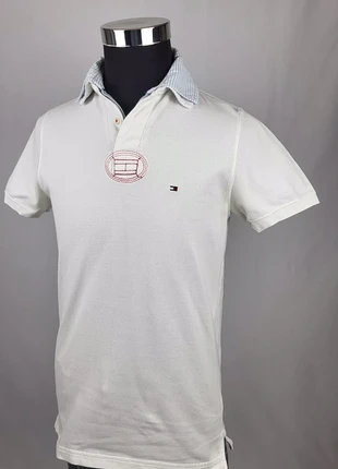 Polo blanc Tommy Hilfiger slim fit col rayé bleu, broderie logo rugby poitrine, taille, brand: Tommy Hilfiger, condition: Very good, size: S, €14.00, €15.40 includes Buyer Protection Pro