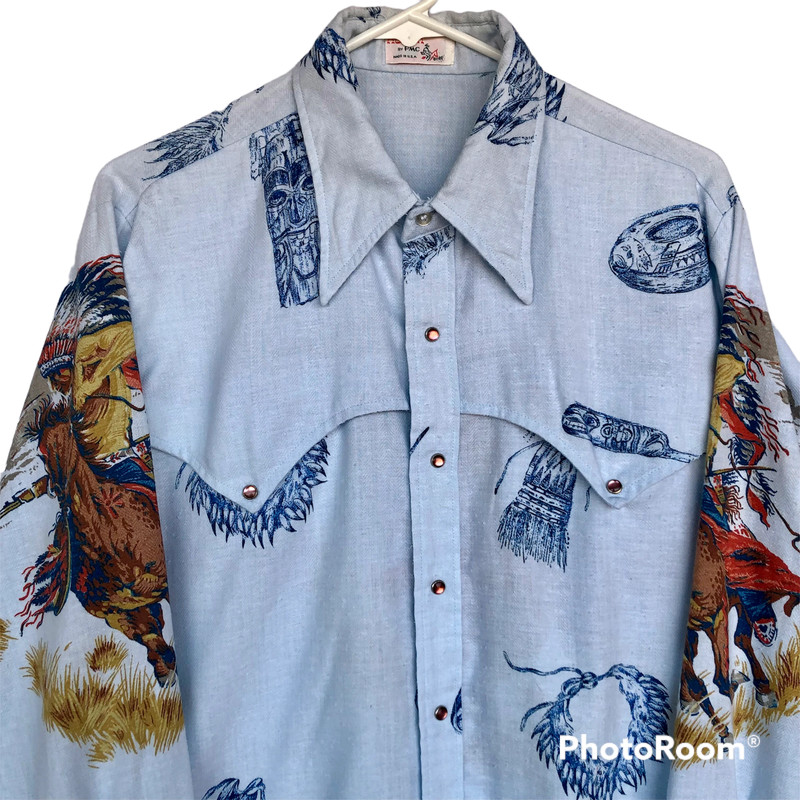 Vtg Roper by PMC Indian Warbonnet Blue Western Shirt Butterfly Collar Jewel Snap 4
