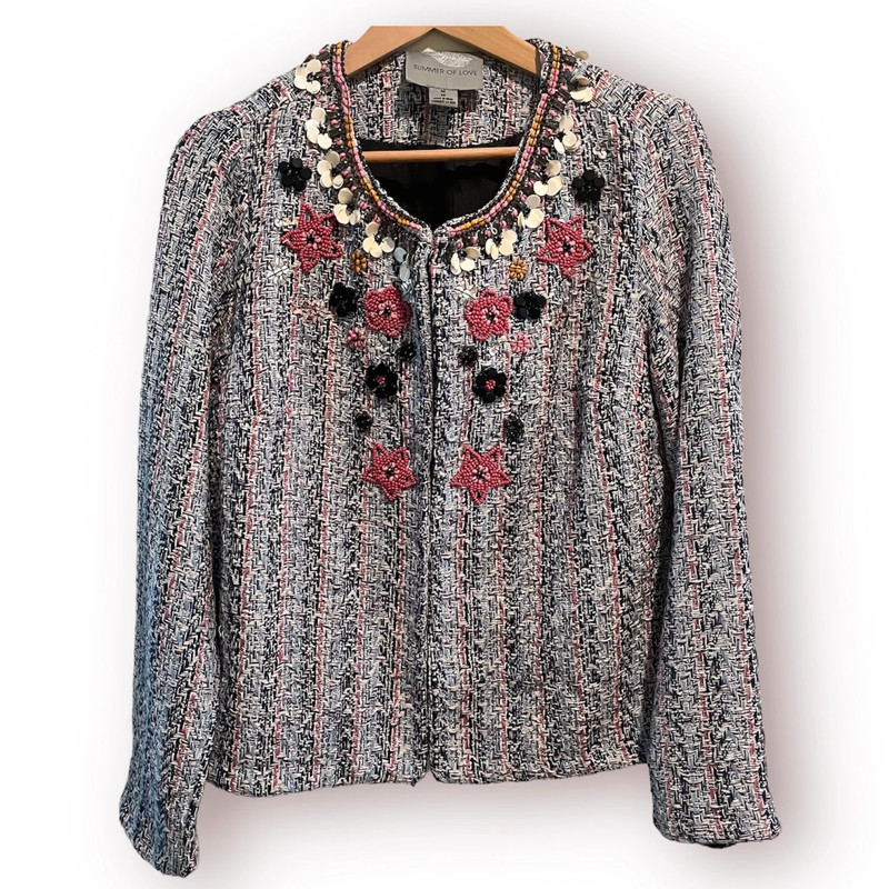 Anthropologie Summer Of Love Suzy Embellished Beads Rhinestones Tweed Blazer M 1