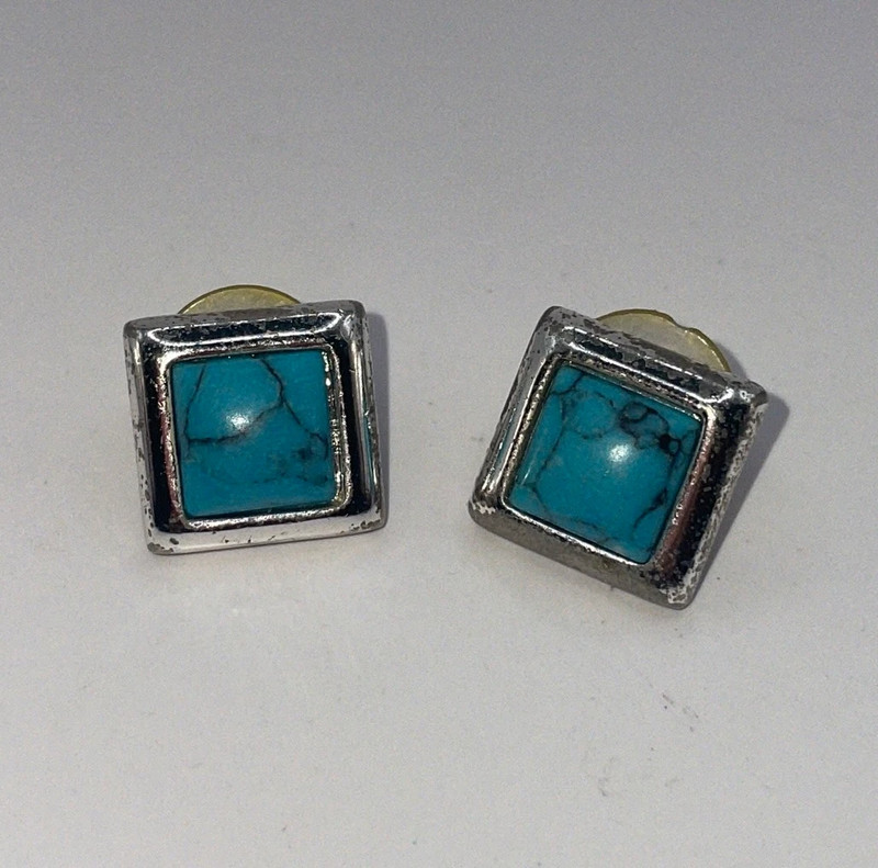 Vintage Southwestern Silver Tone Blue Turquoise Stud Square Statement Earrings 1