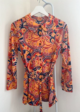 Incredible Vintage 70s Psych Orange Paisley Button Long Sleeve Silky Top Peter Pan Collar 8- 10, brand: Vintage Dressing, condition: Very good, size: S / UK 8-10, £6.00, £7.00 includes Buyer Protection