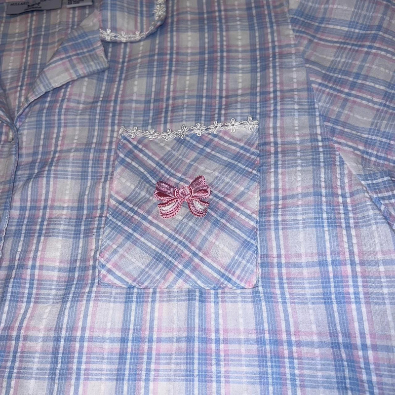 Vintage Blue & Pink Plaid Embroidered Bow Button Up Pajama Top 🎀 2