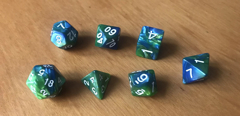 Set di 7 Dadi Verde e Blu marmorizzati + sacchetto gratis / 7 Dice Set Marbled Blue Green + free bag 2