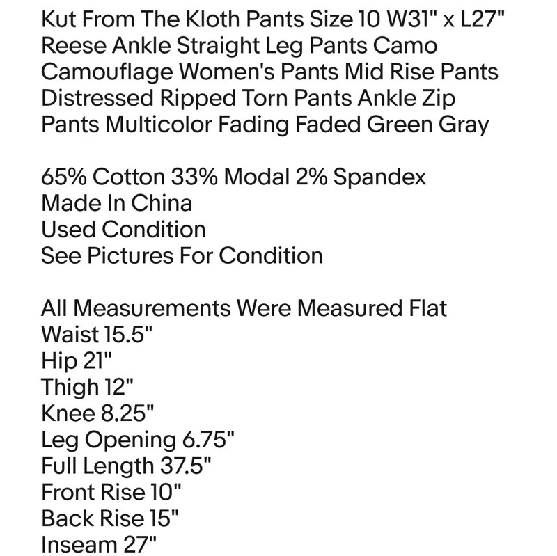 Kut From The Kloth Pants Size 10 W31" x L27" Reese Ankle Straight Leg Pants Camo Camouflage 2