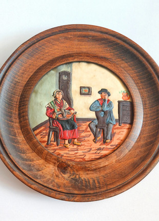 Assiette décorative vintage bois et peinture sur cuir signé, marque: Vintage Boutique, état: Très bon état, 10,00 €, 11,20 € Protection acheteurs incluse