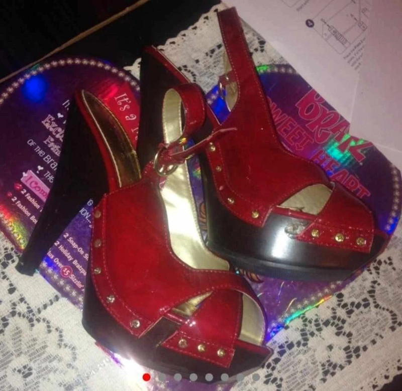 Qupid red leather like strap open toe high heels with faux wood accent