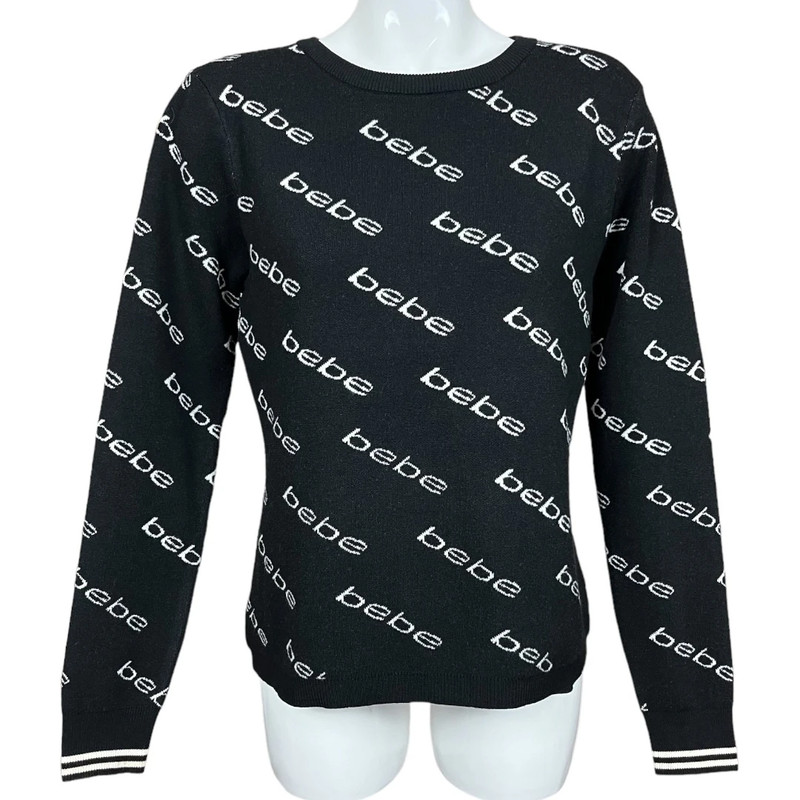 Bebe Black and White All Over Logo Print Crew Neck Fitted Sweater Size XL 1