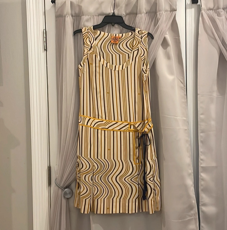 Tory Burch Adora Shore Khaki Stripes Silk Mini Dress Size 4 1