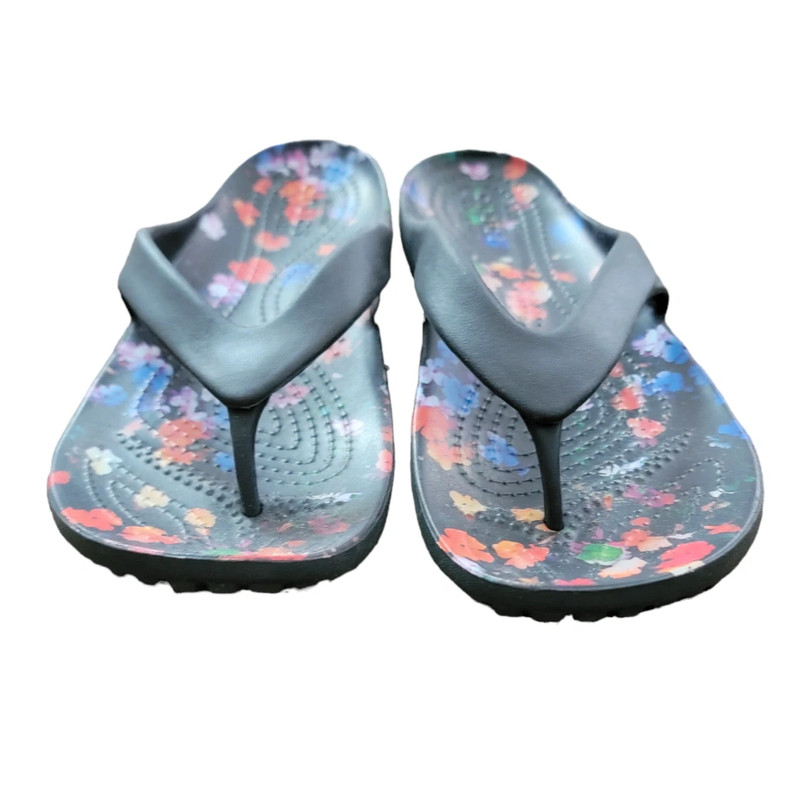 Crocs Size 7 Black Colorful Floral Sandals Flip Flops Nwot 3