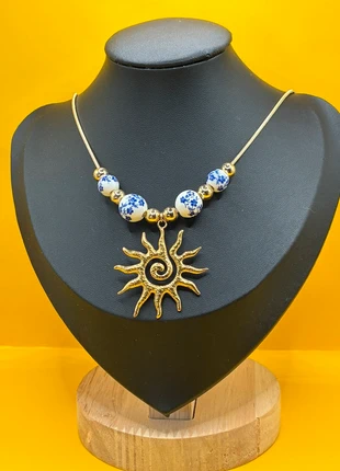 Collier soleil doré & perles en céramique bleu et blanc – acier inoxydable, brand: La boutique d’Elolo, condition: Very good, €13.00, €14.35 includes Buyer Protection Pro