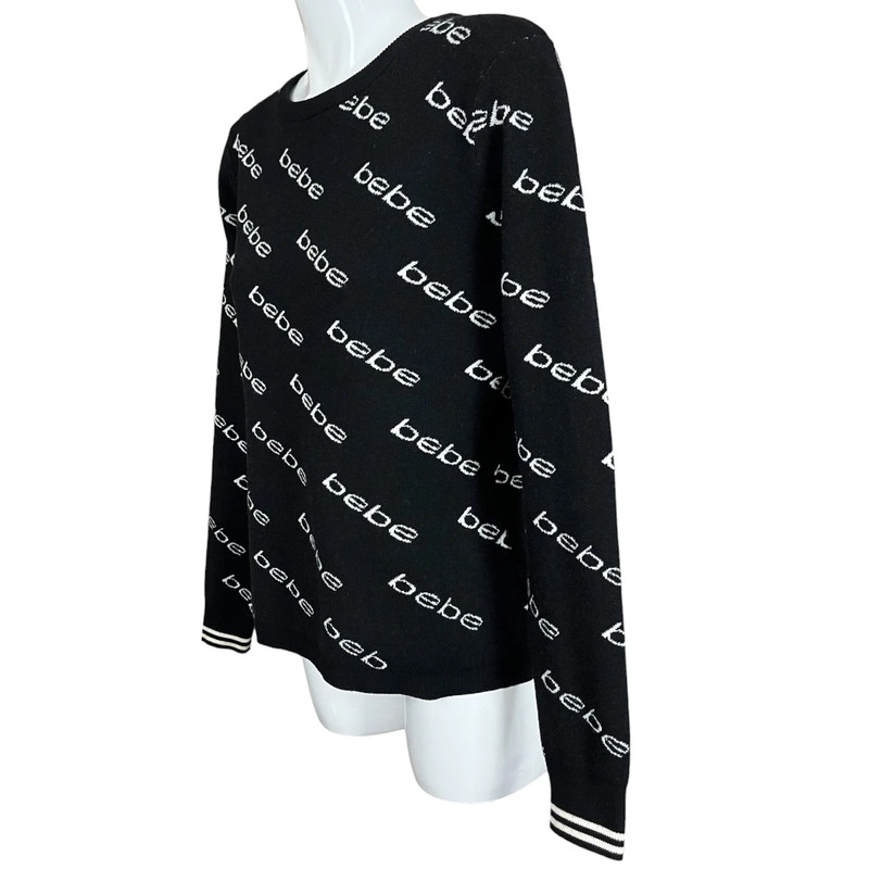 Bebe Black and White All Over Logo Print Crew Neck Fitted Sweater Size XL 5