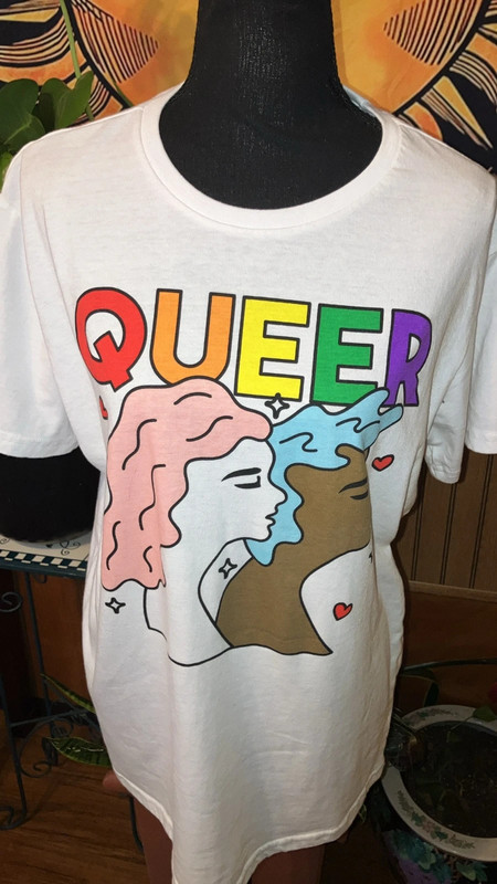 Queer large white womens graphic tee shirt 1