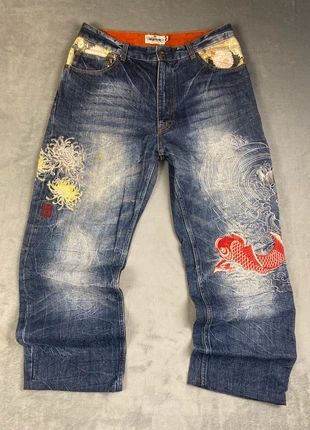 pantalon japonaise Karakuri Tamashi carp Denim Y2K Streetwear Archive Souvenir Pièce Années 2000, brand: Tamashii, condizioni: Ottime, taglia: S, €189.99, €200.19 include la Protezione acquisti