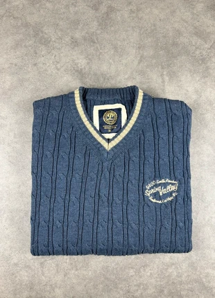 Pull vintage col V en maille torsadée bleu avec broderie – Spring Valley Las Vegas (Taille M), marque: Pronto Company, état: Très bon état, taille: M, 29,00 €, 31,15 € Protection acheteurs incluse