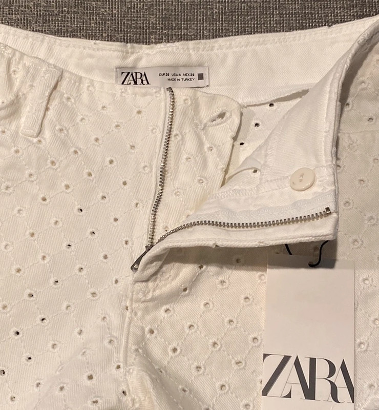 Zara Openwork Embroidery White Denim Shorts 2