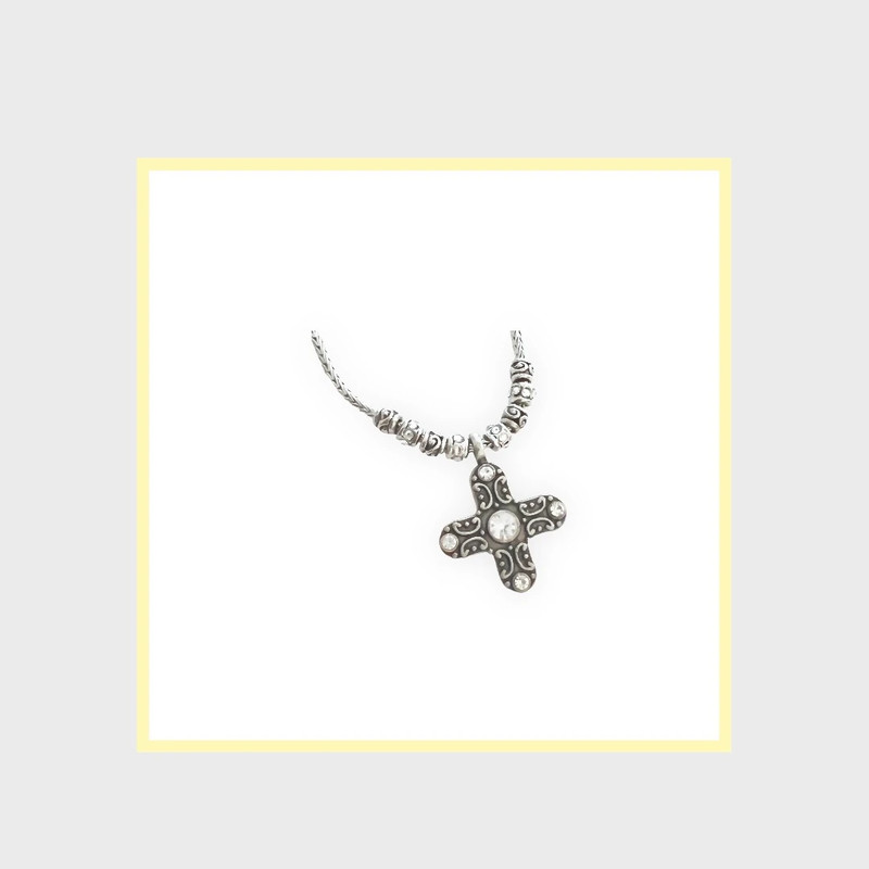 Ornate Greek Silver Tone Cross Rhinestone Necklace 3