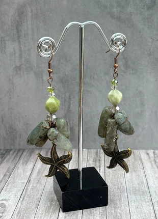 Gorgeous crafted wire wrapped labradorite and nephrite dangle earrings with starfish,, brand: Gorgeous, condition: Very good, £8.00, £9.10 includes Buyer Protection