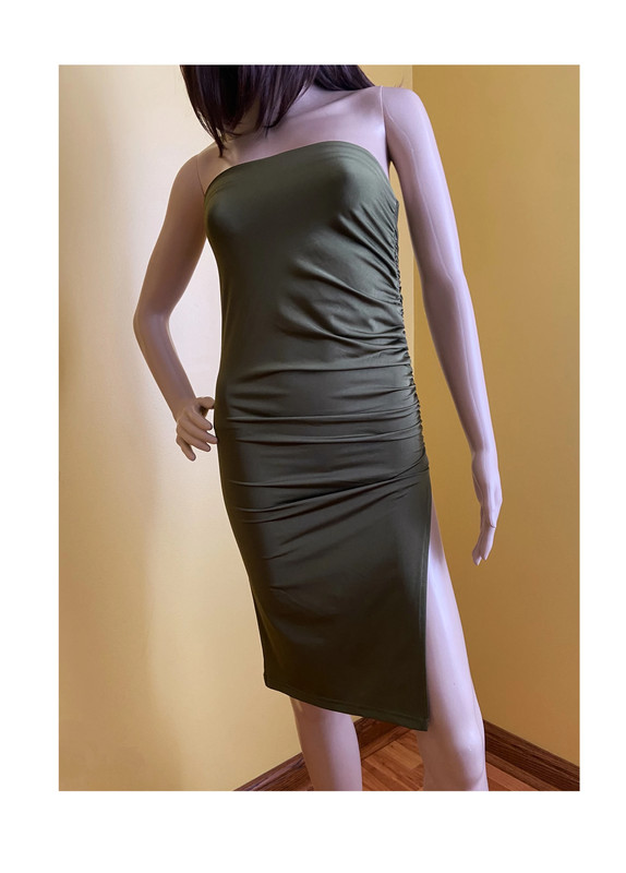 Olive green bodycon ruched strapless tube dress 1