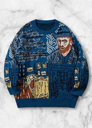 Pull bleu graphique imprimé Van Gogh artistique taille M style streetwear oversize Y2K vintage, marque: y2k, état: Très bon état, taille: M, 40,00 €, 42,70 € Protection acheteurs (Pro) incluse