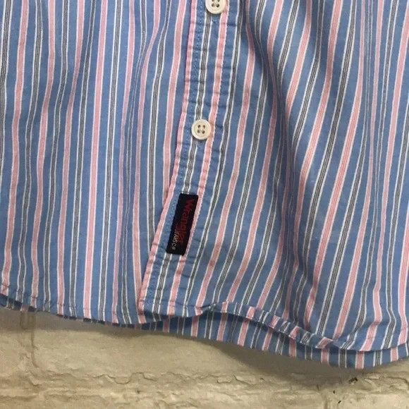 Wrangler Boy Medium 8/10 Blue Pink White Striped Button Down Cotton Dress Shirt 2