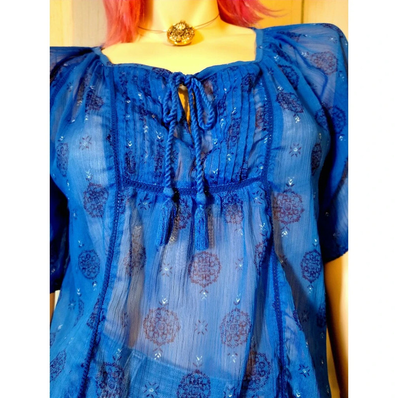 Retro Boho Sheer Sapphire Blue Chiffon Babydoll Peasant Top 3