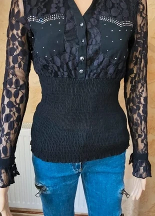 blouse chemisier chic dentelle noir et strass smocké Taille S, estado: Muy bueno, tamaño: S / 36 / 8, 10,00 €, 11,20 € Protección al comprador incluida