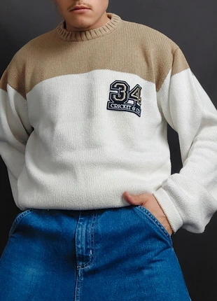 Pull Vintage 90s Boxy Fit Style Universitaire en Maille Crème / Beige à Logo Brodé "Cricket" (L), brand: Cricket & Co, condition: Very good, size: L, €26.00, €28.00 includes Buyer Protection Pro